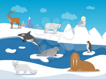 Arctic landscape with different polar animals. Vector animal arctic, polar landscape with penguin and bear illustration