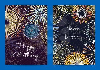 Vector fireworks birthday card templates. Illustration of celebration party and holiday, firework festive bright