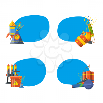 Vector set of stickers with place for text with cartoon pyrotechnics illustration