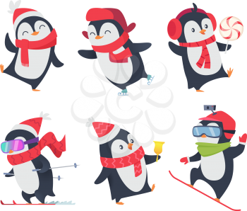 Cute penguins. Cartoon characters baby sweet wild winter snow animals pose vector isolated. Arctic happy penguin on skiing and with lollipop illustration