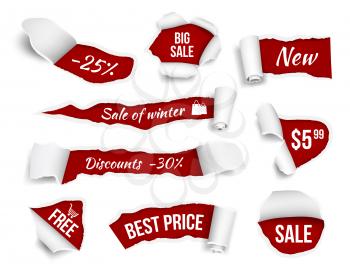 Promo banners ripped paper. Sale advertizing tags promotion cut edges pages vector realistic pictures. Illustration of promo ripped and cardboard rip damage discount