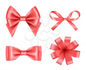 Bow realistic. Holiday decoration colored bow with satin ribbons vector 3d pictures set. Illustration of realistic ribbon 3d for christmas gift