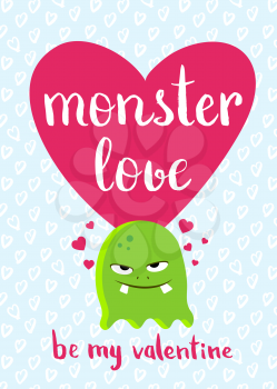 Vector Valentines Day card with heart, cute monster and lettering on hearts background. Love monster with red heart, romantic illustration