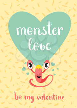 Vector Valentines Day monster love card with blue heart, cute monster and lettering on confetti background. Love banner and poster illustration