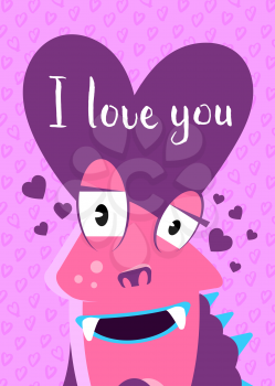 Vector Valentines Day card with hearts, cute monster and I love you lettering on hearts background illustration