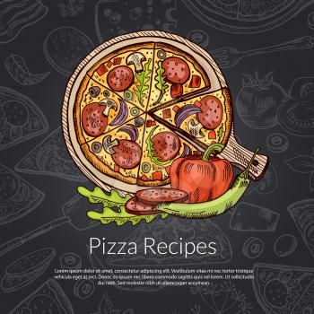 Vector pizza, rozmarine, pepper and pepperoni hand drawn. Pizza italian delicious with salami illustration