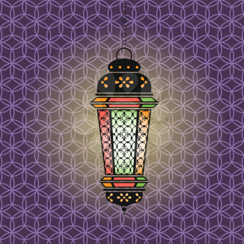 Vector Ramadan illustration with hanging lightened lantern on colored arabic pattern background