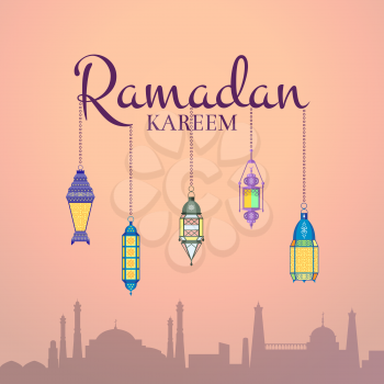 Vector Ramadan illustration with lanterns hanging on Ramadan writing and arabic city silhouette. Arabian islamic kareem celebration