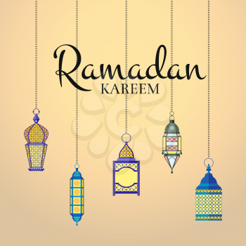 Vector Ramadan illustration with haning lanterns and arabic city silhouette. Arabian islamic kareem celebration