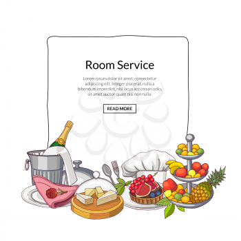 Vector hand drawn restaurant or room service elements gathered under frame with place for text. Food service room in hotel and restaurant illustration