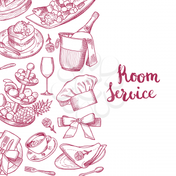 Vector hand drawn restaurant or room service elements background with place for text illustration
