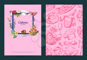 Vector card or flyer templates with hand drawn restaurant or room service elements and place for text illustration