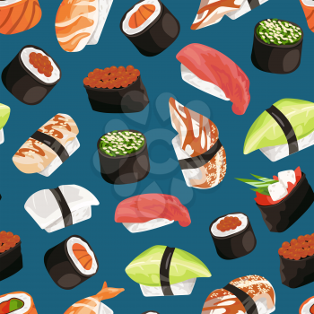 Vector cartoon colored sushi types pattern background illustration. Sea food japan