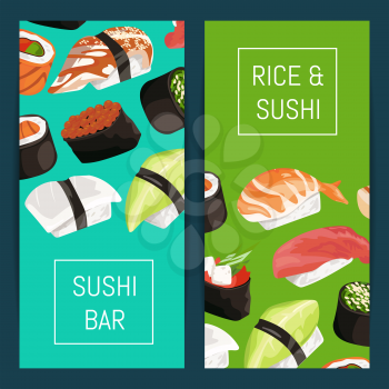 Vector cartoon sushi vertical banner templates with place for text illustration