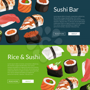 Vector cartoon colored sushi horizontal banner and poster templates illustration