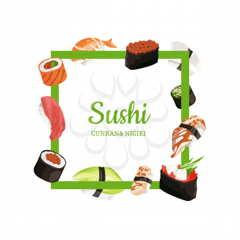 Vector cartoon sushi types flying around frame with place for text illustration