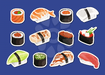 Vector cartoon sushi stickers set isolated on plain background illustration