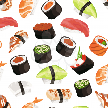 Vector cartoon sushi types pattern background isolated on white illustration