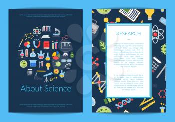 Vector colored banner card or flyer template with flat style science icons and place for text illustration