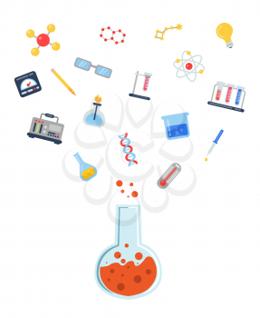 Vector flat style science icons flying above vial concept illustration