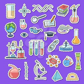 Vector sketched science or chemistry elements stickers of set with shadows set illustration