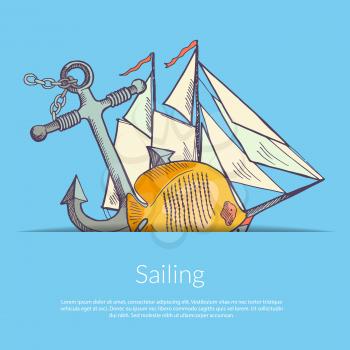 Vector sketched colored sea elements in pocket illustration with place for text illustration