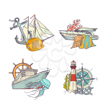 Vector sketched sea colored elements piles set. Ship and anchor, marine boat and rope, fish and navigation lighthouse illustration