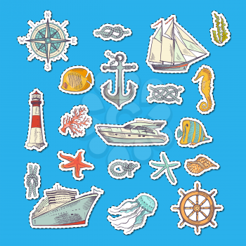 Vector colorful sketched sea elements stickers. Illustration of ship and lighthouse