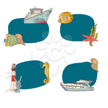 Vector sketched sea stickers set isolated om white backgorund illustration