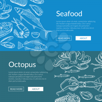 Vector web banner template with hand drawn seafood elements. Seafood fish banner, fresh marine food illustration