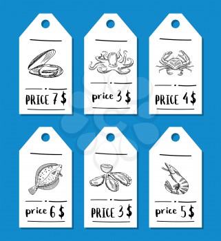 Vector price tag set with hand drawn seafood elements for restaurant illustration