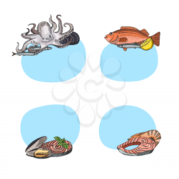 Vector set of stickers with place for text with hand drawn seafood elements illustration
