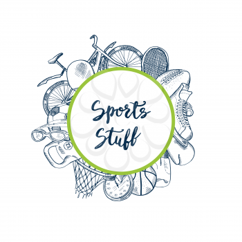 Vector hand drawn contoured sports equipment around circle with place for text illustration