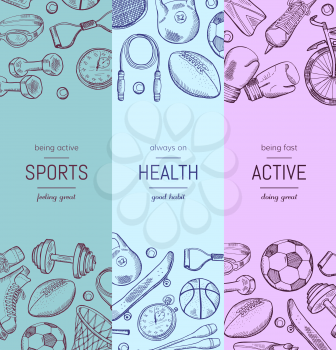 Vector hand drawn sports equipment vertical banner poster templates illustration