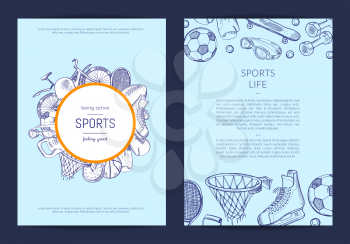 Vector hand drawn sports equipment store or fitness gym card or brochure template with place for text illustration