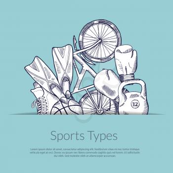 Vector hand drawn sports equipment in pocket illustration with place for text illustration