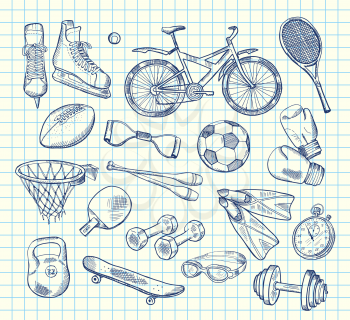 Vector hand drawn sports equipment on notebook cell sheet illustration