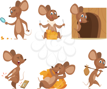 Mouse character. Funny cartoon mice. Vector clipart isolated on white. Illustration of mouse mascot, animal and mousetrap