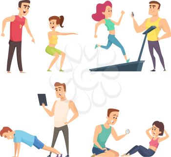 Gym training. Set of cartoon sport characters. Vector training exercise, instructor trainer sporty illustration