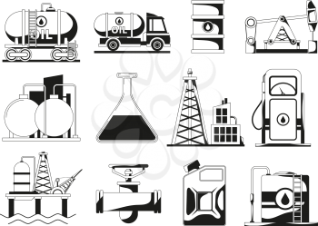 Monochrome black icon set for petroleum industry. Vector oil production, transportation and extraction illustration