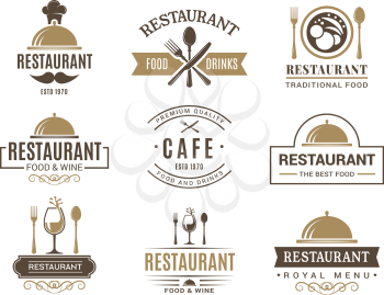 Vintage logotypes and various symbols for design of restaurant menu. Label and logo cafe vintage, badge and emblem cafe. Vector illustration