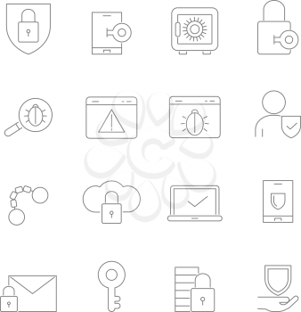 Cyber security symbols. Vector linear pictures. Illustration of cyber data, security technology line