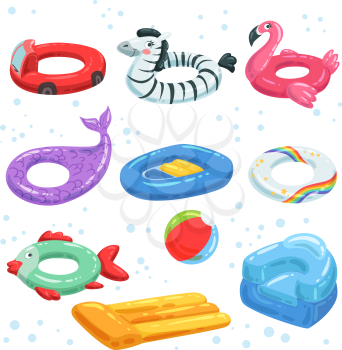 Various rubber equipment for water park. Vector pictures of inflatable toys. Swim equipment circle inflatable and bright illustration