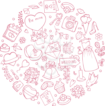 Wedding symbols in circle shape. Vector illustrations of wedding. Wedding drawing outline, love and gift, floral and jewelry