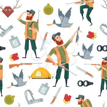 Duck hunters pattern. Seamless background with cartoon pictures and symbols of hunting. Pattern hunter and duck, illustration of hunt animal