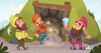 Dwarves in the mine. Vector characters of dwarves which mine golden rocks. Illustration of dwarf miner, gnome with pick