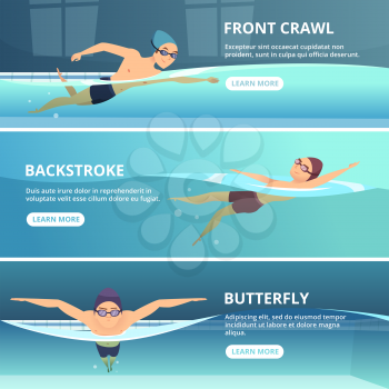 Swimming pool with swimmers. Horizontal banners with sport illustrations. Swimmer training swim, athlete exercise race