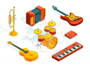 Musical instruments. Isometric pictures set of various colored musician tools. Instrument musical, guitar and piano, classical accordion. Vector illustration