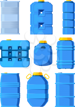 Water tanks. Set of various barrels in cartoon style. Tank and barrel, storage water drink, vector illustration