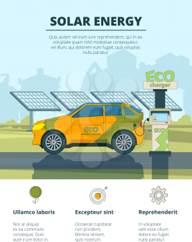 Infographics of electro cars. Eco conceptual pictures with electronic automobiles. Eco car on solar energy, ecology and environment. Vector illustration